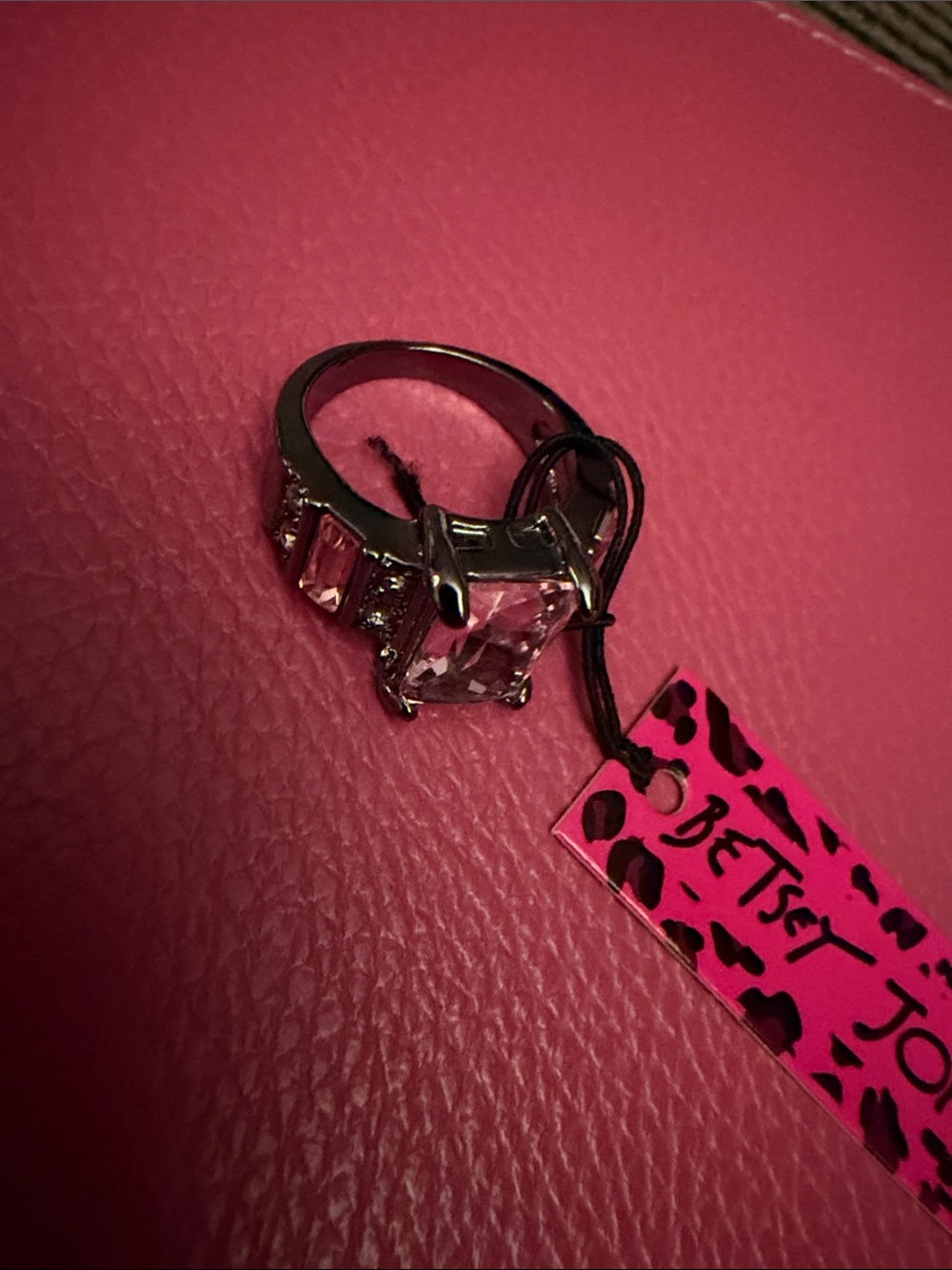 Betsey Johnson Gunmetal Silver Ring with Light Pink Center Stone